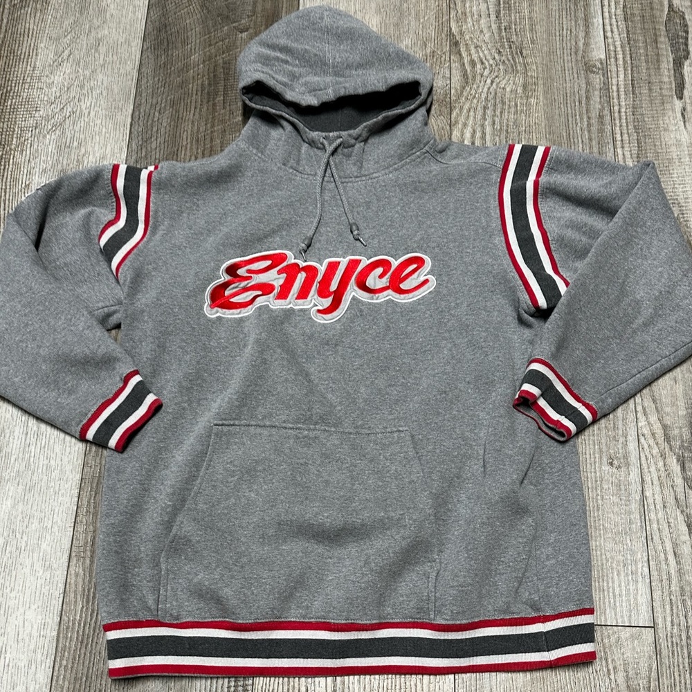 Vintage Enyce gray red striped varsity spell out embroidered logo hoodie RARE M